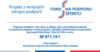Projekt z verejných zdrojov podporil Fond na podporu športu. Príspevok schválený v roku 2022 na základe výzvy na predkladanie žiadostí o poskytnutie príspevku v rámci programu „Výstavba, rekonštrukcia a modernizácia športovej infraštruktúry“ číslo 2021/004 v sume 59 324,53 €. Názov projektu Rekonštrukcia malej telocvične ZŠ Sokolíkova 1838/2, Bratislava